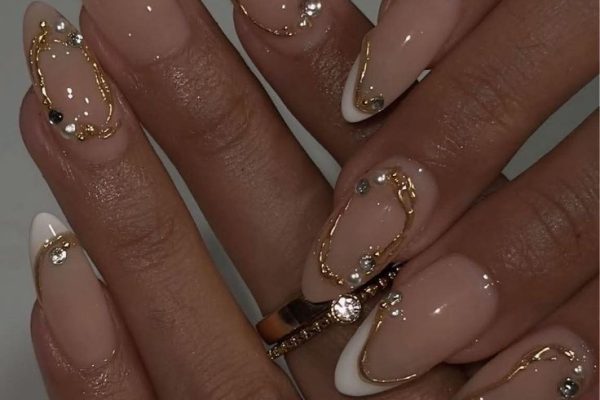 soft girl nails gold detailing