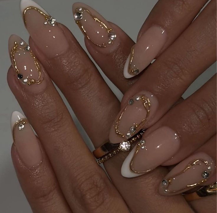 soft girl nails gold detailing